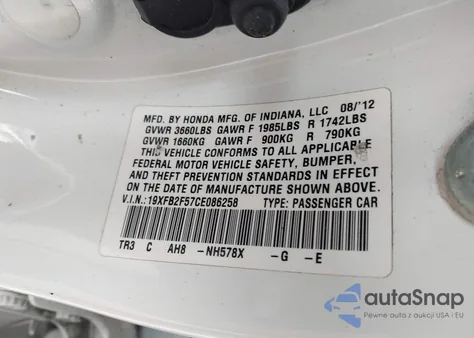 2012 Honda Civic Lx z USA, uszkodzony, nr VIN 19XFB2F57CE086258